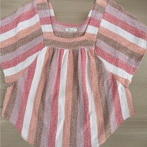 Madewell Pink and White Smocked Flutter Sleeve Blouse